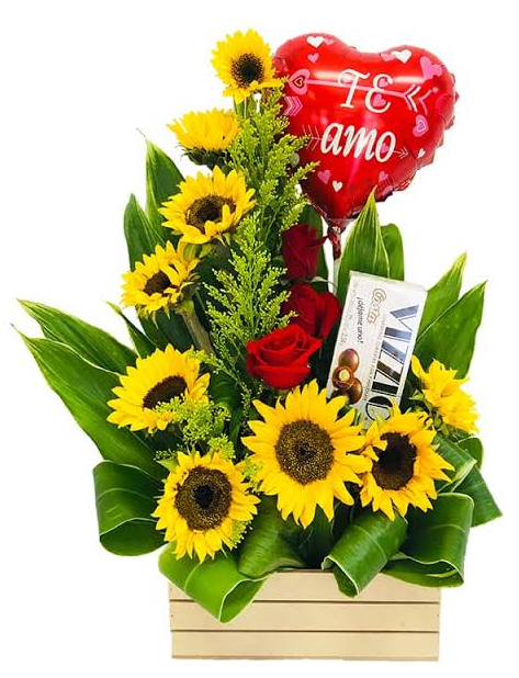 Rosas, girasoles, chocolates y globo